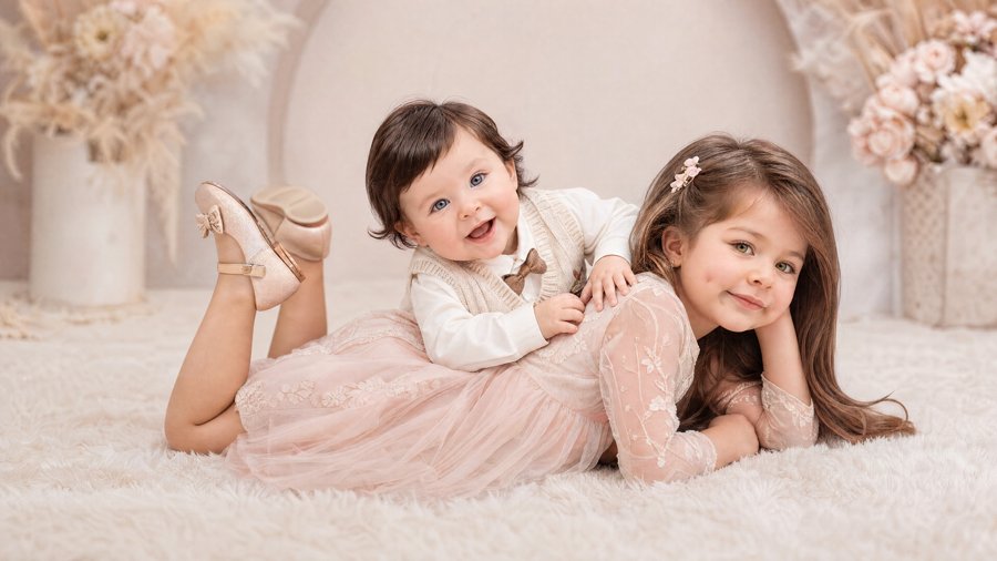 Dos niñas juntas en un escenario de tonos suaves